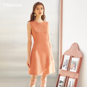 映想社交女装春夏季高腰格纹女无袖连衣裙