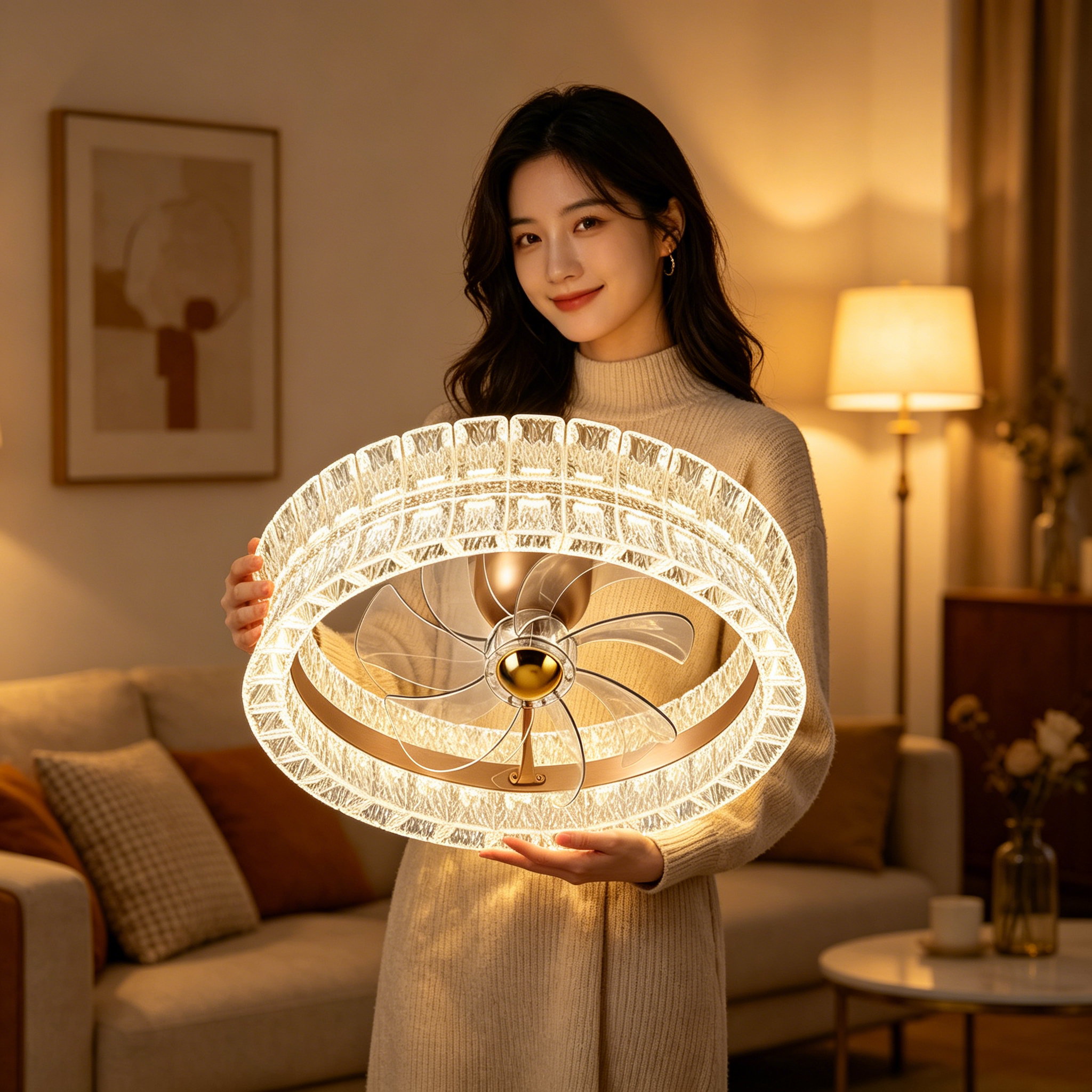 水晶风扇灯静音大风摇头全光谱
