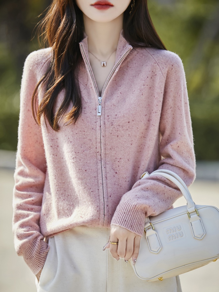 秋冬新款圆领羊绒开衫女纯色宽松显瘦外套拉链毛衣针织衫洋气上衣