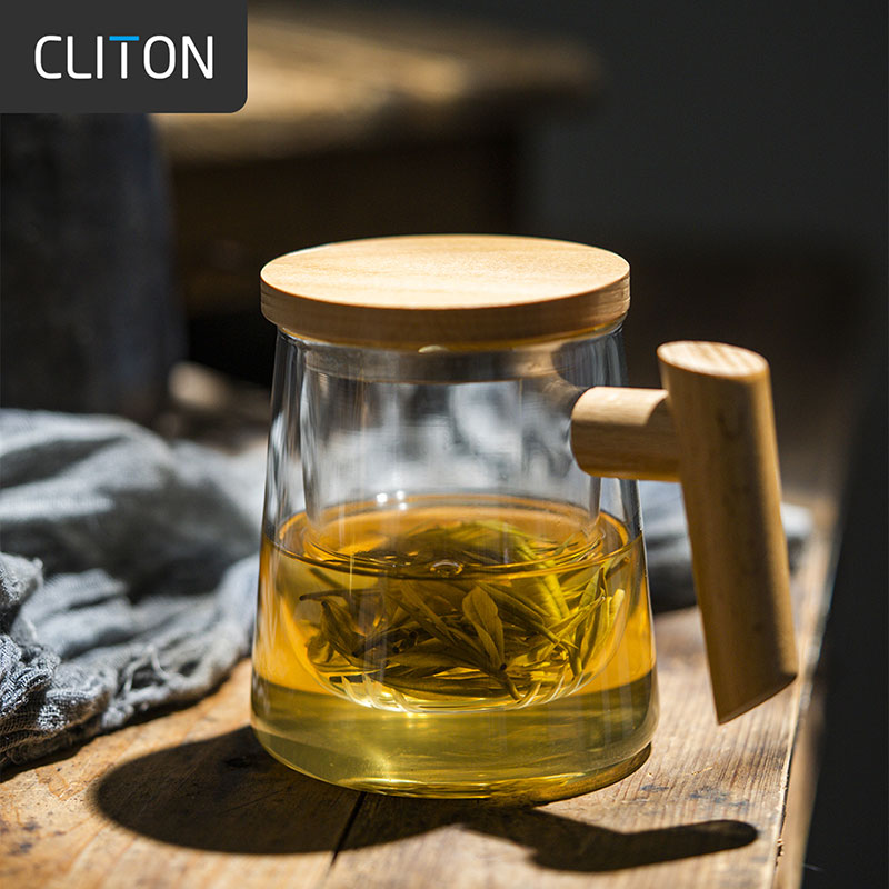 CLITON茶水分离泡茶杯办公室玻璃水杯透明带盖简约日式杯子茶道杯