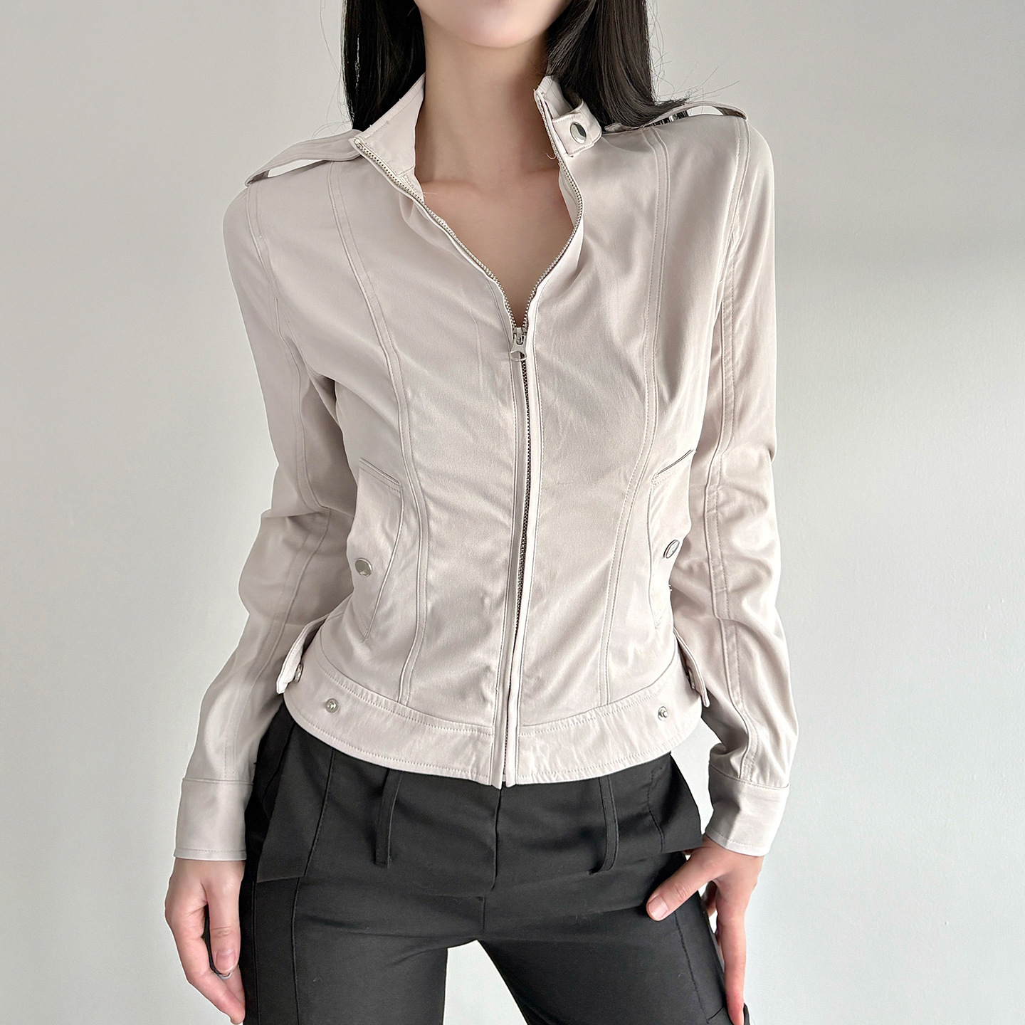 赫汐美式复古工装风立领口袋风衣夹克衫辣妹个性百搭修身机能外套