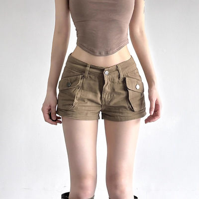 复古街头风口袋拼接牛仔裤女2025夏季美式低腰百搭新款工装短裤潮