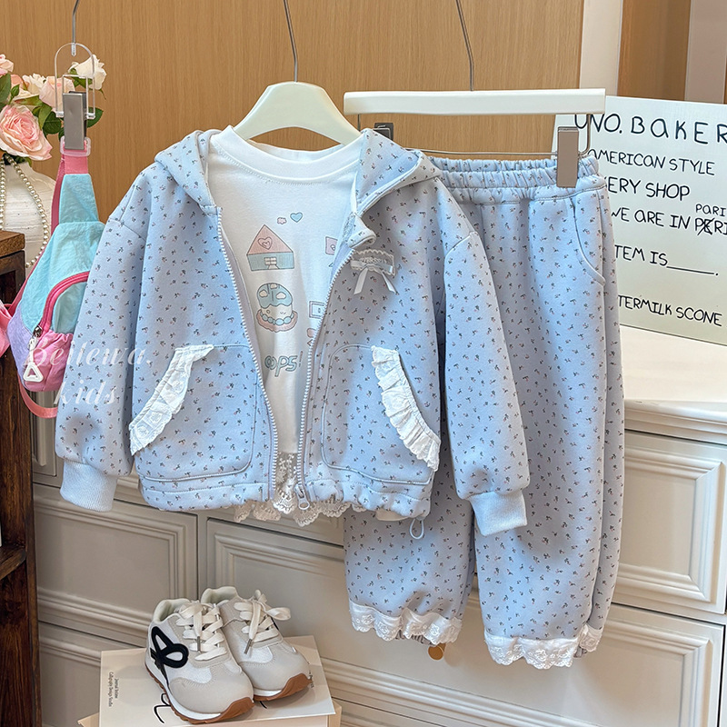 女童春秋新款儿童卫衣卫裤套装儿童碎花运动套装连帽卫衣长裤