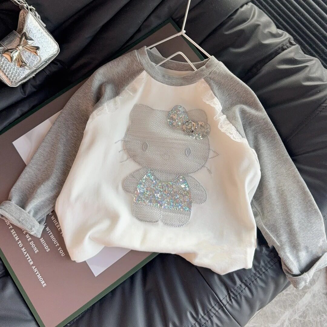 儿童纯棉T恤长袖女童撞色春秋新款卡通变色KT猫亮片可爱童装上衣