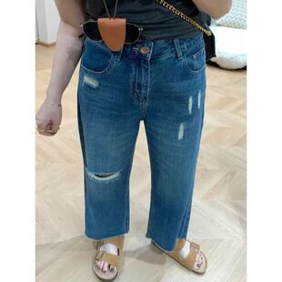 大码女装新款韩版破洞直筒牛仔裤夏季胖mm高腰显瘦九分阔腿裤子潮