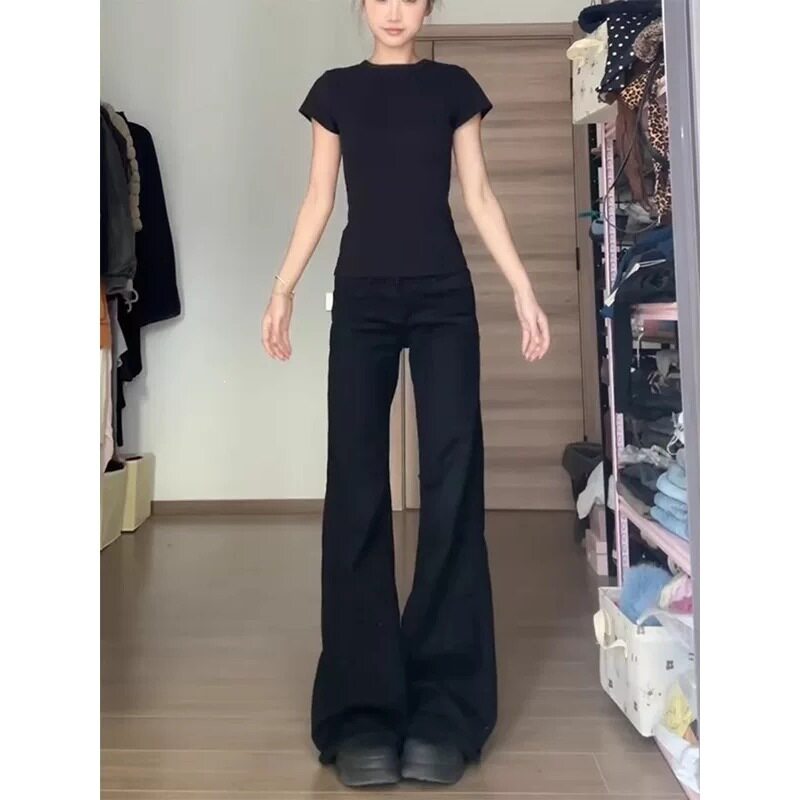 高个子加长黑色微喇叭牛仔裤女潮流新款辣妹低腰修身显瘦喇叭裤图片