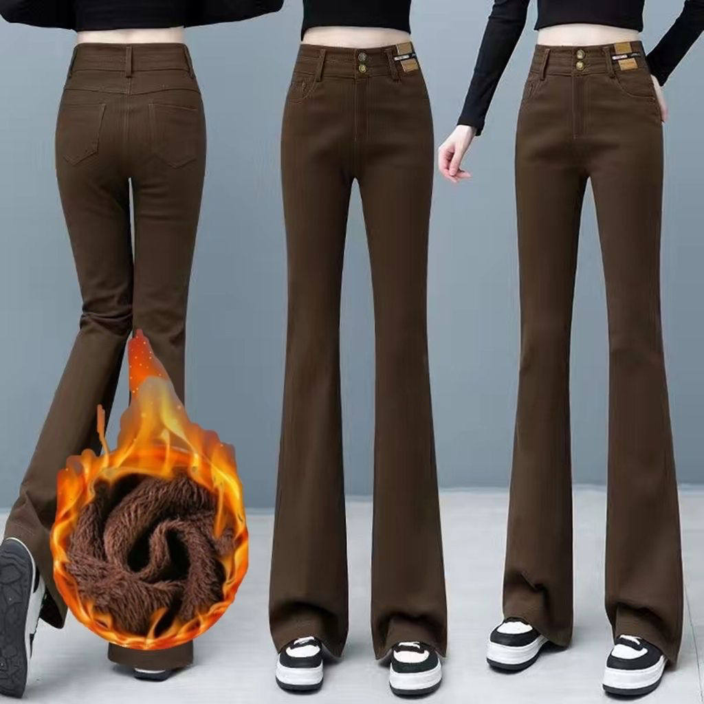 冬季保暖加绒加厚微喇牛仔裤女高腰显瘦马蹄喇叭长裤