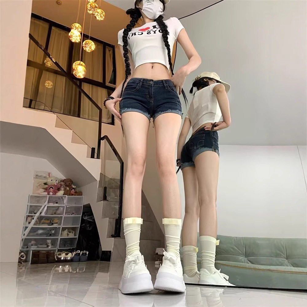 夏季大码胖mm牛仔短裤女新款超低腰露脐弹力紧身显瘦包臀卷边热裤