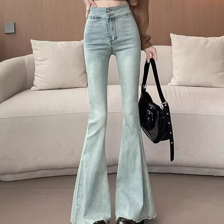 浅蓝色鱼尾喇叭牛仔裤女春季新款小个子高腰弹力显瘦毛边修身长裤