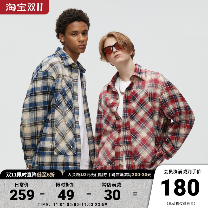 KREATE Cleanfit高街防晒定制泼墨伐木水洗格子长袖衬衫外套男秋