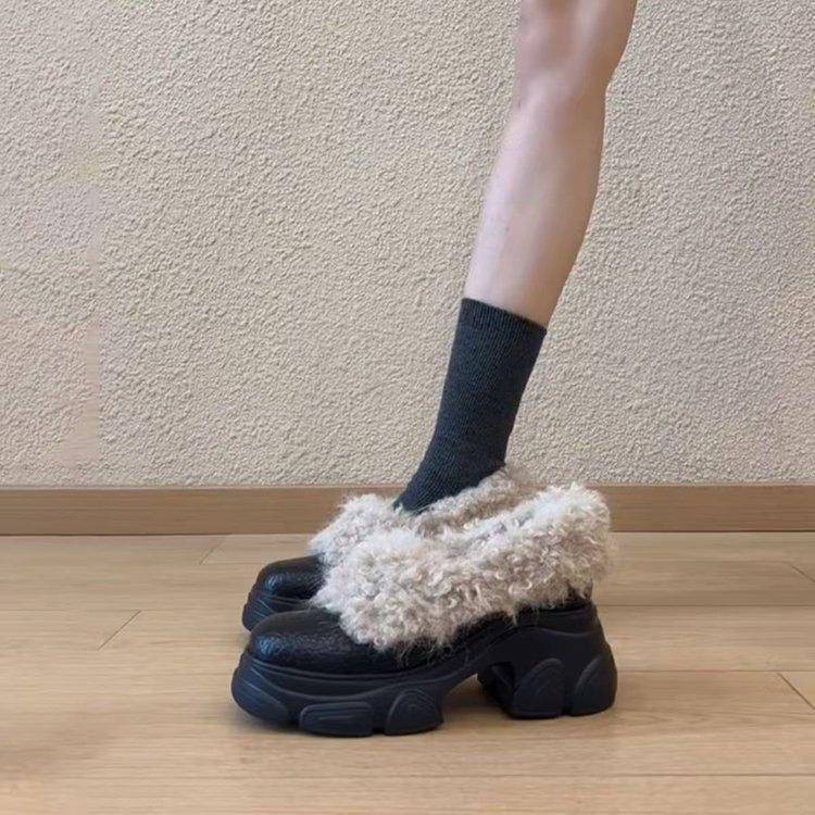 一脚蹬毛毛鞋女小个子厚底增高棉靴2025冬新款百搭加绒保暖小皮鞋
