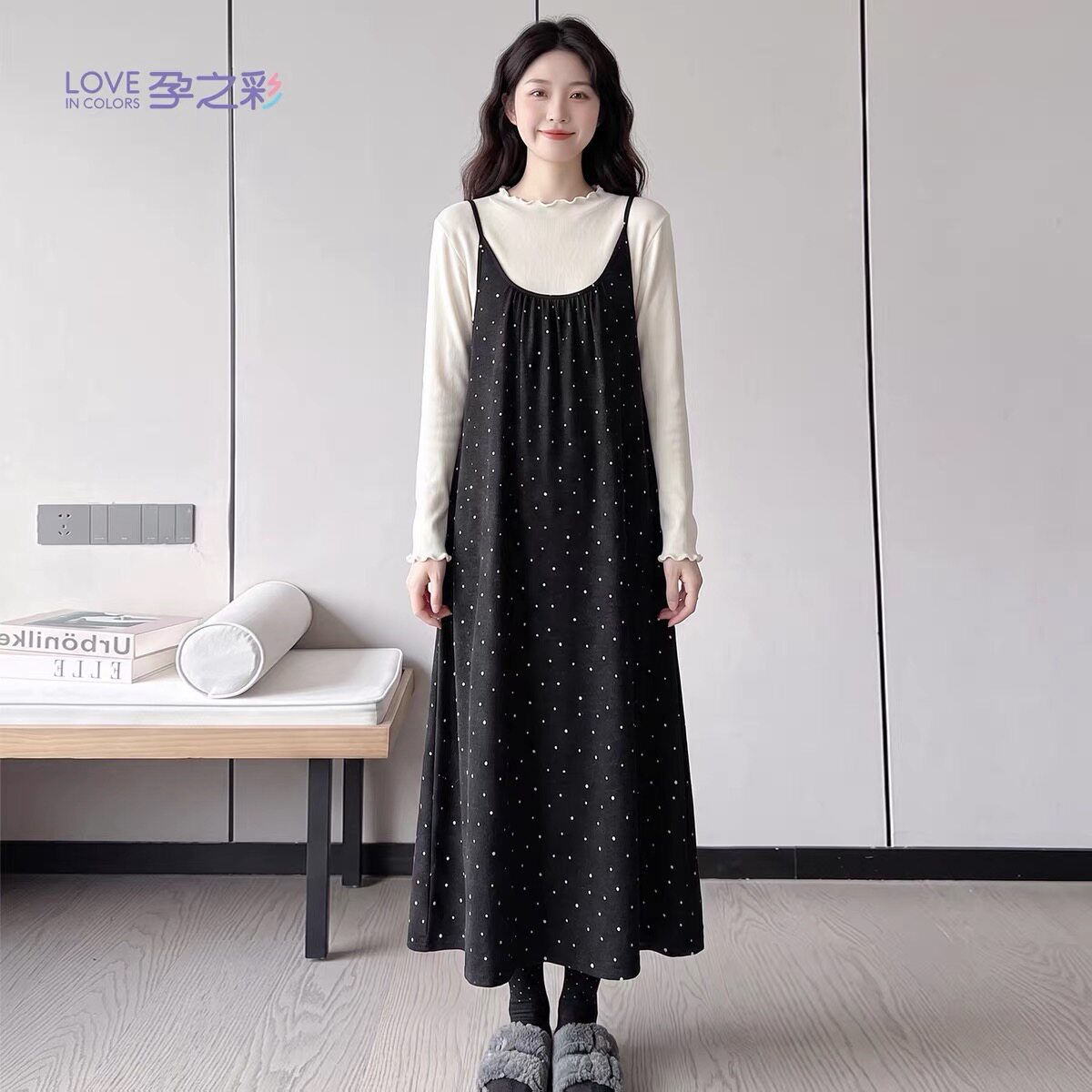 孕之彩秋装孕妇长裙波点两件套孕妇装