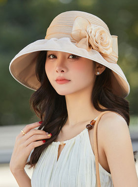 遮阳帽女沙滩渔夫帽欧根纱太阳帽