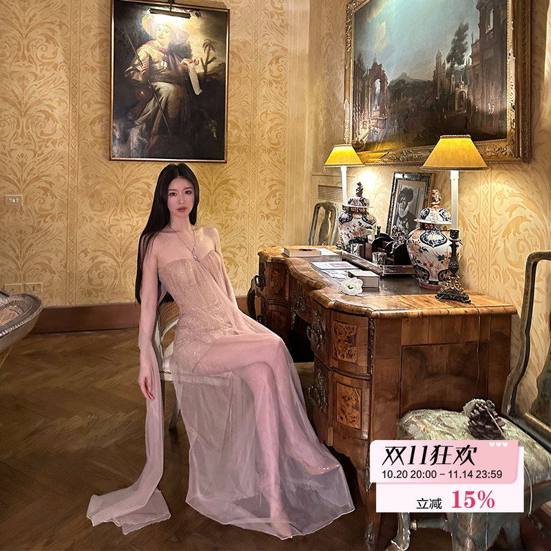 bear熊熊屋【暮光之城】重工刺绣珠片蕾丝网纱抹胸长飘带连衣裙女