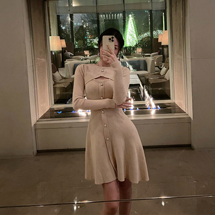 珍珠扣针织连衣裙 bear熊熊屋气质优雅中长款