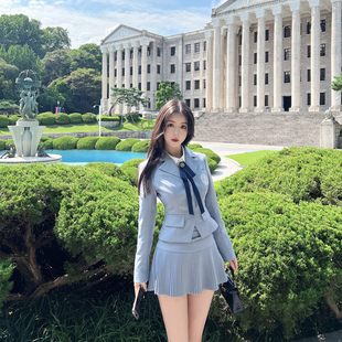 熊熊屋【伦敦校花】原创学院风收腰西装蝴蝶结衬衫百褶半裙jk套装