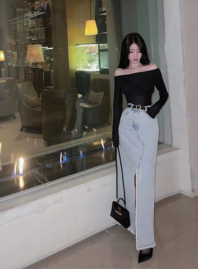 熊熊屋【一线女星】秦岚同款超显腿长高开衩长款蓝灰色牛仔裙