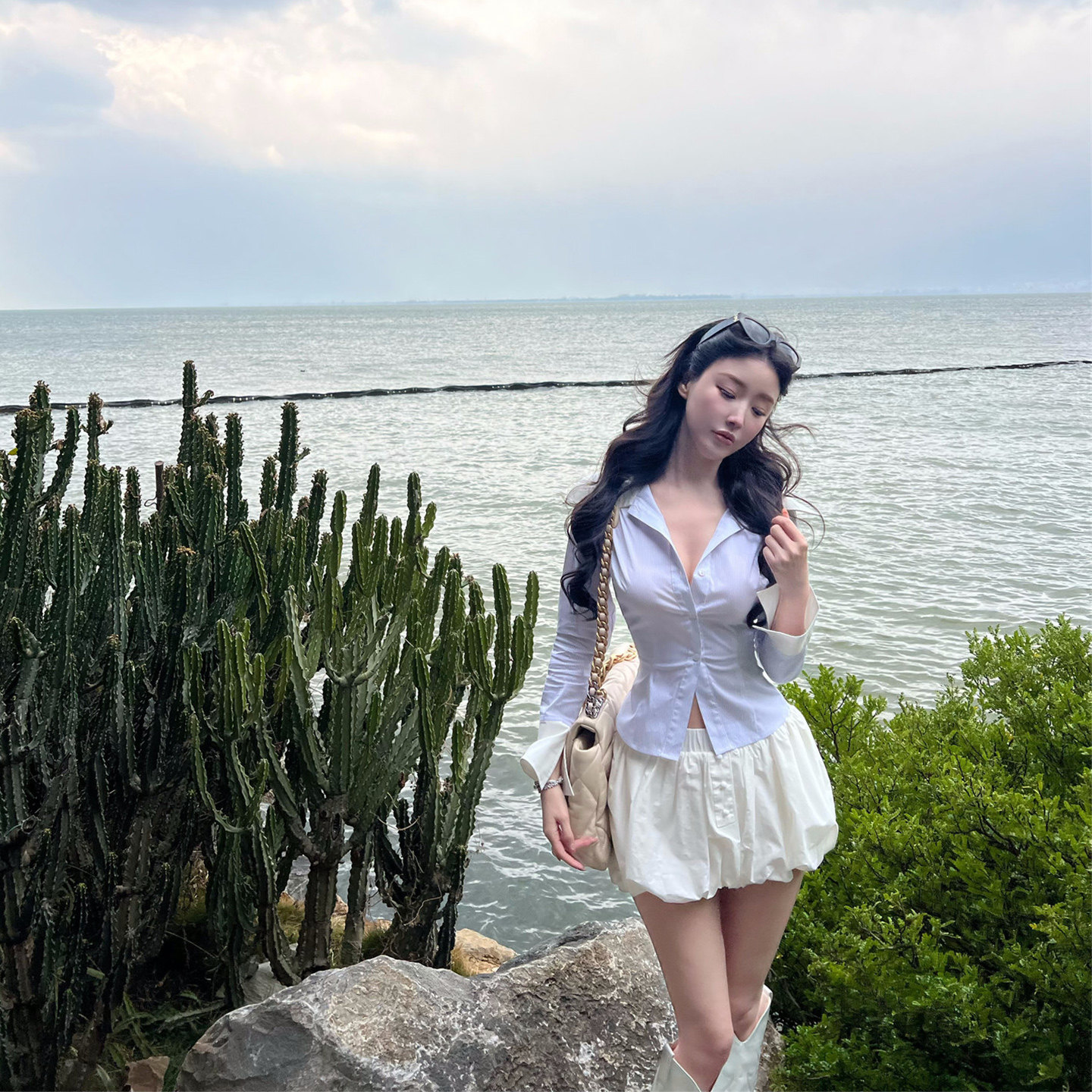 熊熊屋【悉尼校花】纯欲辣妹条纹衬衫褶皱花苞裙裤jk套装