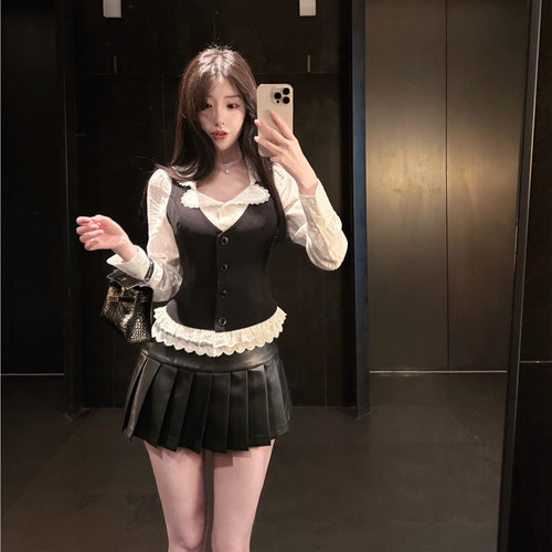 熊熊屋【私立校花】女团 蕾丝花边衬衣马甲百褶皮裙jk三件套