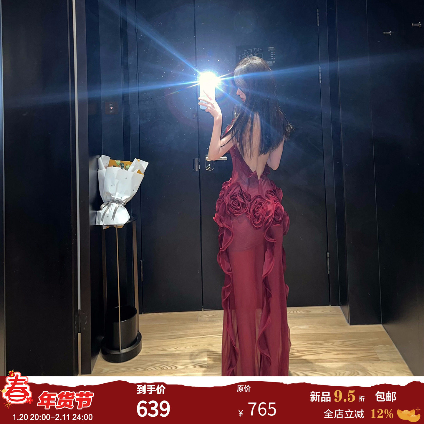 熊熊屋【万人迷】重工缝制玫瑰花挂脖露背水晶麻艺术连衣裙,女装/女士精品,连衣裙,淘宝优惠券,粉丝福利购,淘宝优惠卷