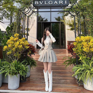 低调奢华米咖千鸟格学院风马甲衬衫 半裙三件套 苏黎少女 熊熊屋