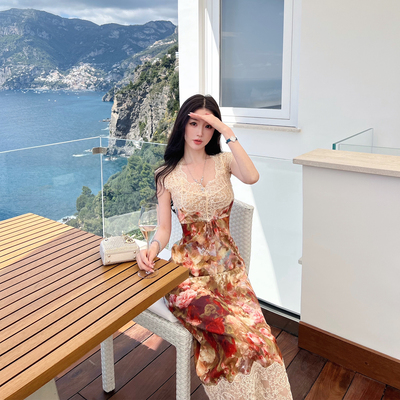 熊熊屋【浮雕玫瑰】私服 印花蕾丝修身收腰唯美连衣裙