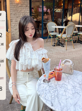 熊熊屋【七里香】纯欲蕾丝荷叶边短款两穿斗篷式tou视上衣