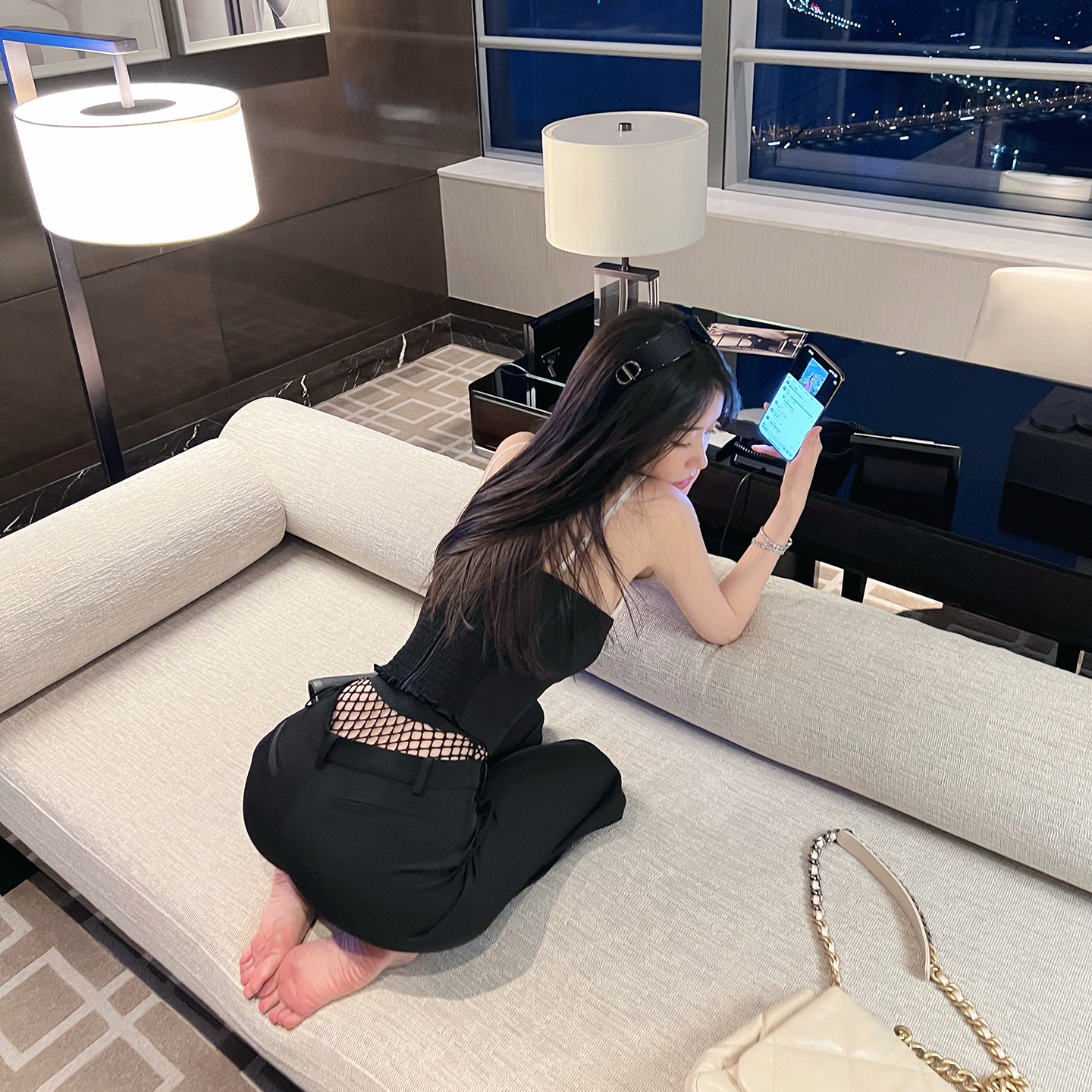 熊熊屋【爱豆私服】易梦玲同款性感帅气渔网高腰阔腿西装裤