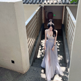 熊熊【天仙】美人如玉仙气重工蕾丝交叉扭褶网纱收腰大裙摆连衣裙