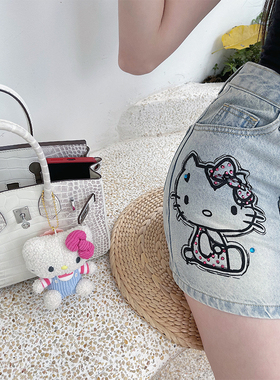 熊熊屋【喵系女友】Hello kitty印花烫钻H版型牛仔短裙