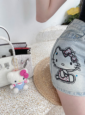 熊熊屋【喵系女友】Hello kitty印花烫钻H版型牛仔短裙
