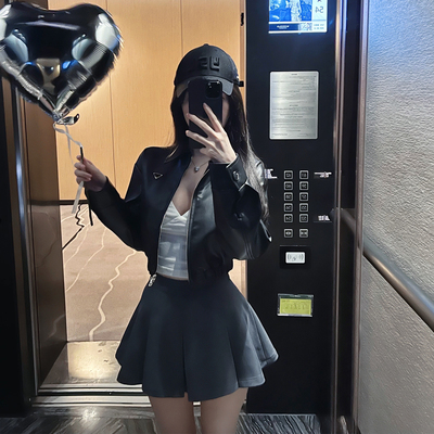 熊熊屋【把妹王】帅气pu皮高腰落肩廓形皮衣外套