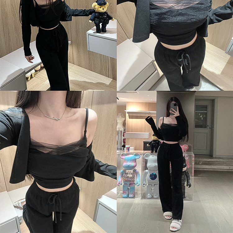 bear熊熊屋【懒美人三件套】日常高弹针织开衫吊带直筒长裤套装女
