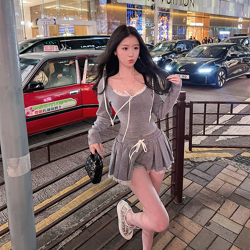 bear熊熊屋【缪系叛逆】乖乖女连帽蕾丝抽绳卫衣百褶花边套装裙女