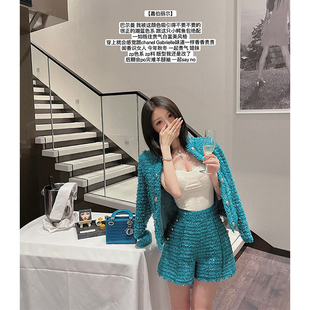 熊熊屋 神颜贵气湖蓝色 巴er曼粗花呢小香套装 嘉伯丽尔