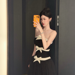 熊熊屋【黑月婚纱】林允儿同款13米用料抹胸X型蝴蝶结网纱连衣裙