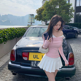 bear熊熊屋【甜妹】张元英 针织拼接衬衫一字肩修身黑/粉针织上衣