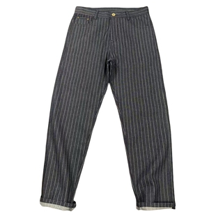 美式复古铁道工竖条纹牛仔裤 阿美咔叽工装宽松直筒休闲百搭长裤