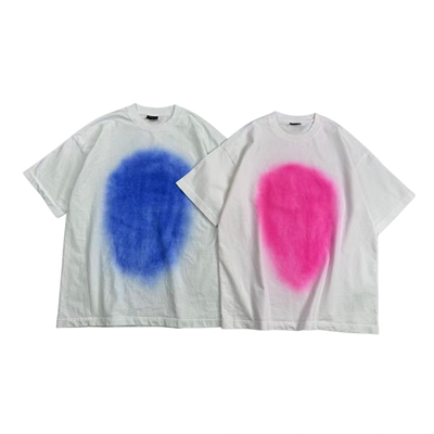 美式做旧宽领渐变涂鸦宽松T恤