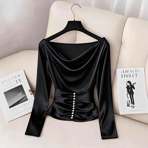 Elegant Satin Blouse Shirt Plain Pattern Fitted Design Pearl