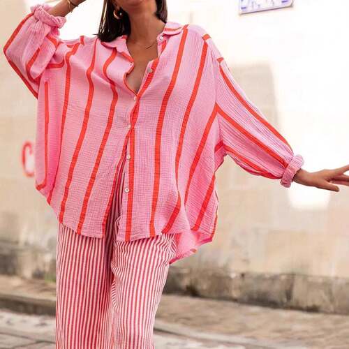 Piece Striped Loose-Fitting Pink Shirt and Wide Leg Pants