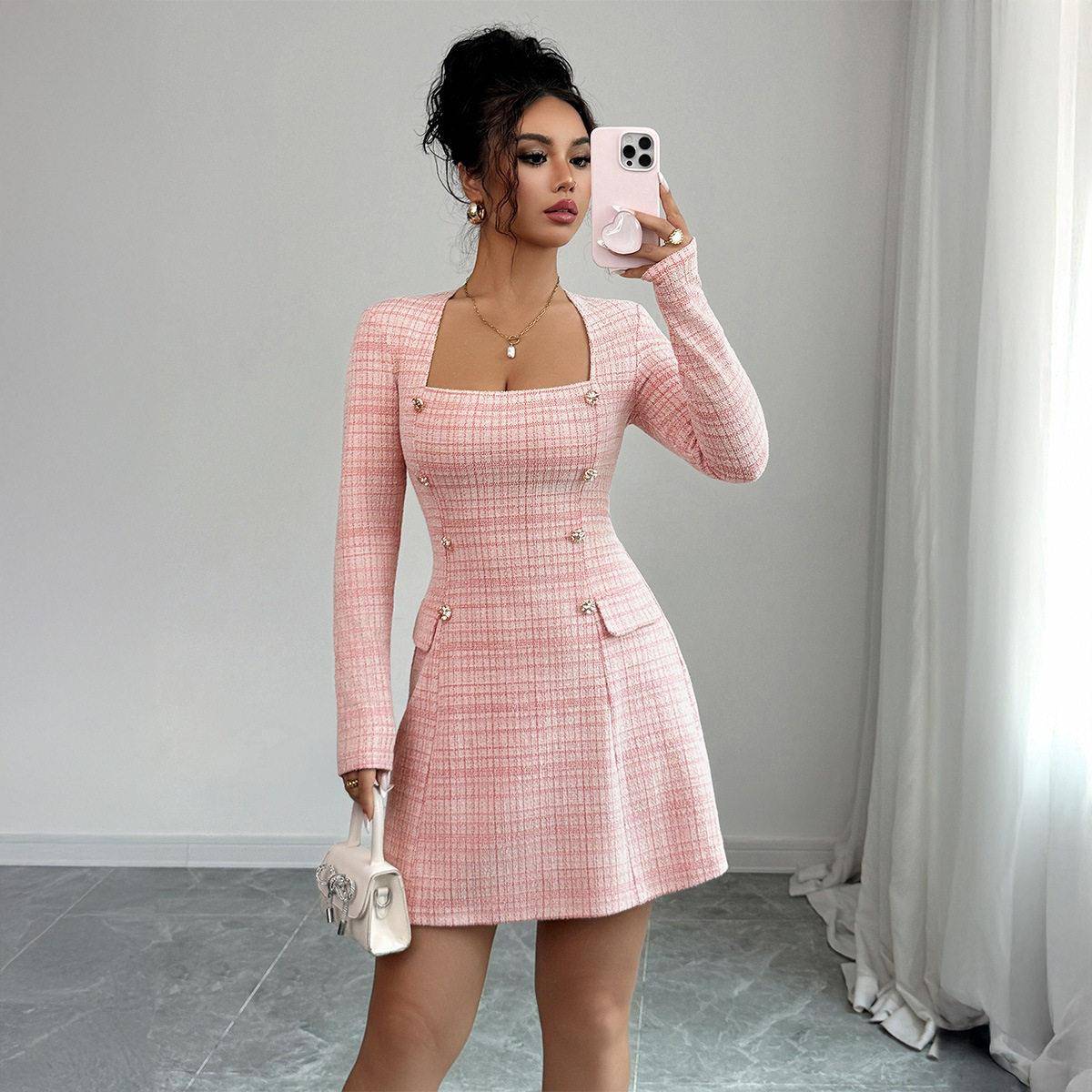 Elegant Women's Long Sleeve Square Neck Slim Fit Woven