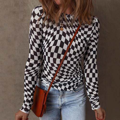 Size】 Plaid Print Round Neck Tee Casual Fashion Gingham