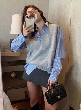A women's stitching gray knitted vest fake two designs gray
