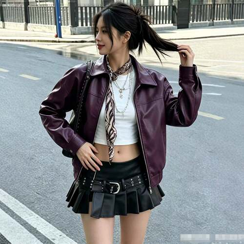 Women's Preppy Motorcycle Jacket Casual Loose-Fit Long