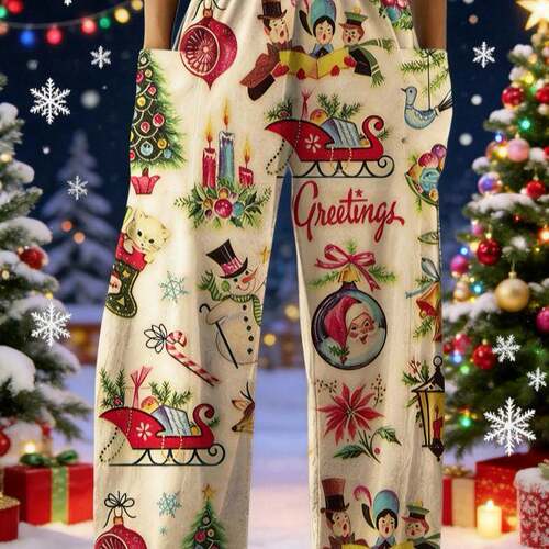 Pocket Elastic Waist Pants Casual Comfy Christmas and New