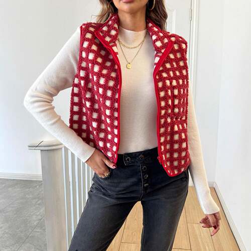 A women's red and white plaid lamb fleece sleeveless Fitted