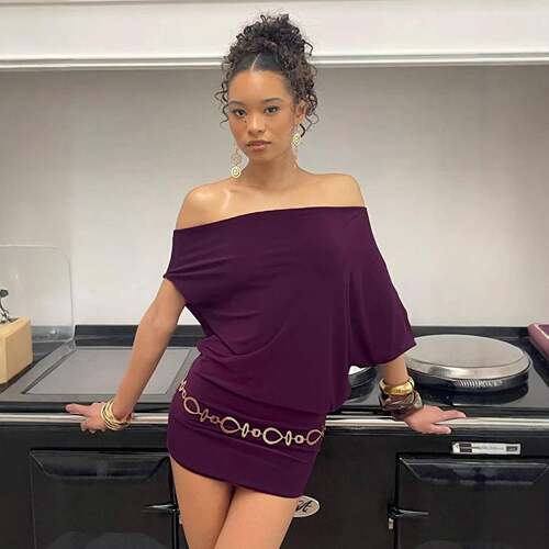 Women's Asymmetrical Neck Dress without Belt Solid Color