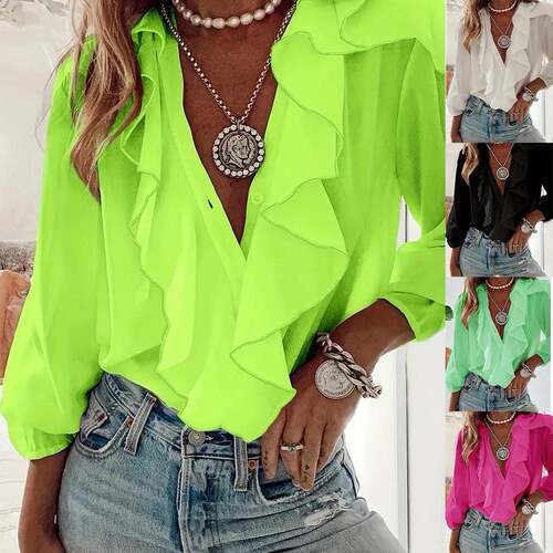 Women's Plain Ruffle Trim Button Front Blouse Elegant Long