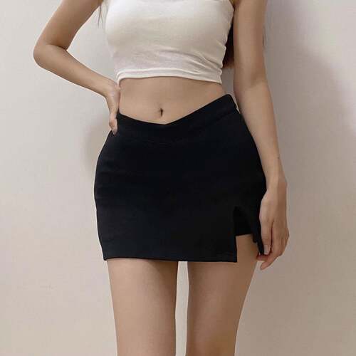Women's Solid Color Knit Stretch Skirt with Built-in Shorts